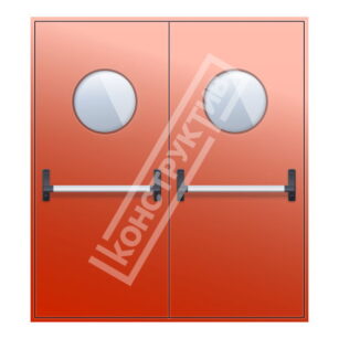 Двупольная противопожарная дверь с антипаникой и круглыми окошками EIS15,30,45,60